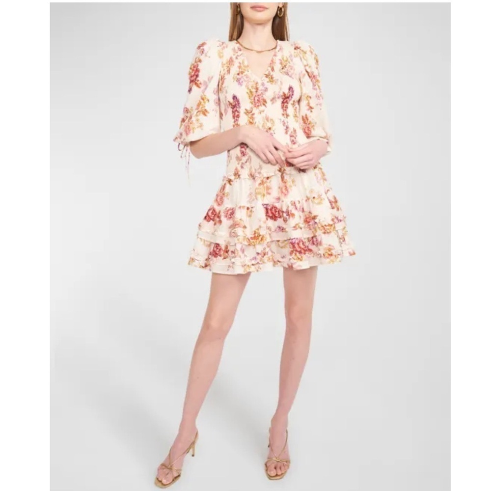 EN SAISON Elma Floral Smocked Mini Dress Size Small Puff Sleeves